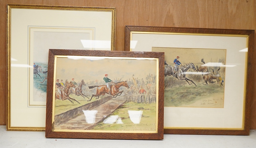 George Finch Mason (1850-1915), Three horse racing interest scenes, to include 'The Grand National 189?' and 'The grey mare's the better horse', each signed, three watercolours heightened with white, largest 24 x 32cm